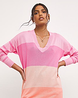 Pink Slouchy V Neck Colour Block Tunic