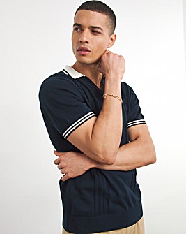 Navy Open Neck Knitted Polo