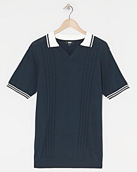 Navy Open Neck Knitted Polo
