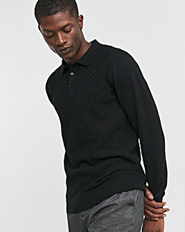 Black Textured Long Sleeve Polo