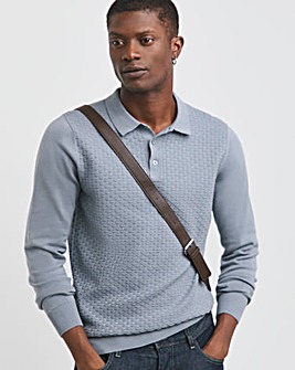 Blue Textured Long Sleeve Polo