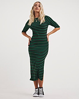 Black And Green Ribbed Stripe Short Sleeve Midaxi Column Dress
