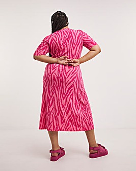Pink Zebra Print Slinky Ruched Midi Dress