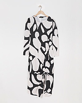 Mono Print Scuba Crepe Ruched Midi Dress
