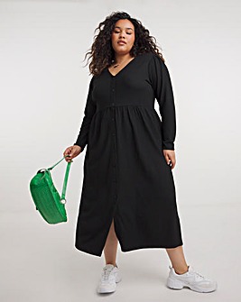 Black Long Sleeve Waffle Button Up Midi Dress With Pockets