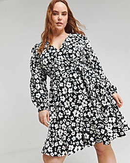 Mono Print Textured Wrap Skater Dress