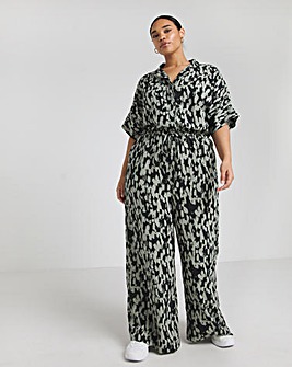 Green Print Button Through Utility Jumpsuit With Pockets