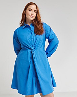 Blue Twist Front Cotton Shirt Dress