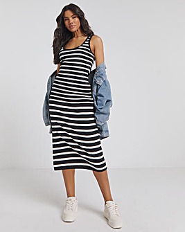 Mono Stripe Ribbed Scoop Neck Midi Dress