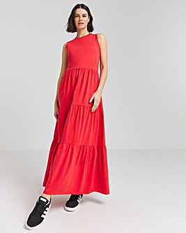 Red Cotton Jersey Tiered Maxi Dress