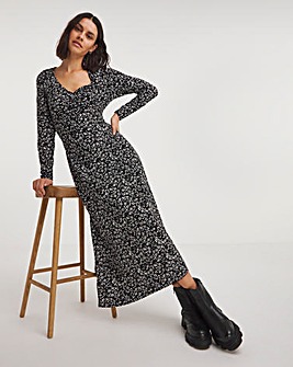 Black Ditsy Print Supersoft Jersey Ruched Front Midi Dress