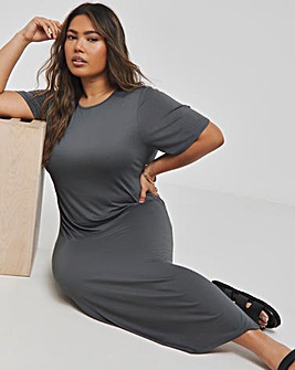 Grey Viscose Elastane T-Shirt Midi Dress