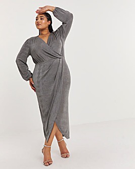 Silver Grey Slinky Wrap Front Midi Dress