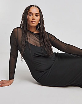 Black Long Sleeve Mesh Midaxi Column Dress