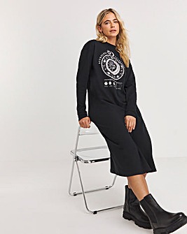 Black Long Sleeve Celestial Graphic Midi T-Shirt Dress