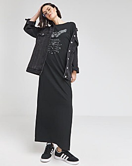 Black Cotton Jersey Long Sleeve Graphic T-Shirt Dress