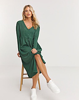 Green Waffle Button Up Midi Dress With Pockets