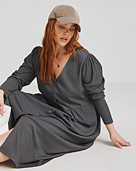 Charcoal Waffle Button Up Midi Dress With Pockets