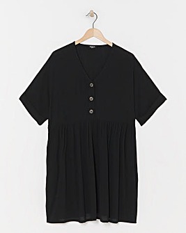 Black Crinkle Button Through Pocket Smock Dress
