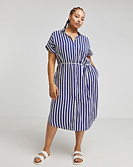 Blue/White Stripe Boxy Shirt Dress With Pockets