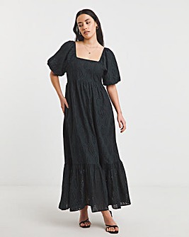 Black Square Neck Broderie Maxi Dress