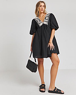 Black Cornelli Detail Smock Dress