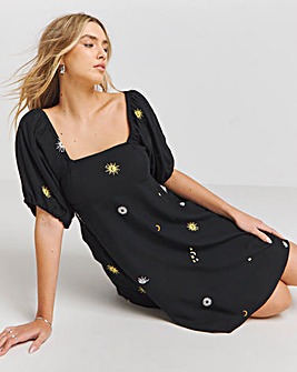 Black Embroidered Celestial Skater Dress