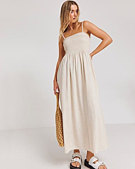 Stone Shirred Bandeau Linen Midi Dress