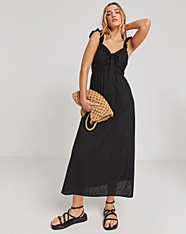 Black Tie Front Linen Midaxi Slip Dress