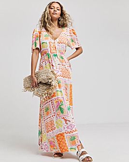 Summer Print Button Through Crinkle Maxi Dress