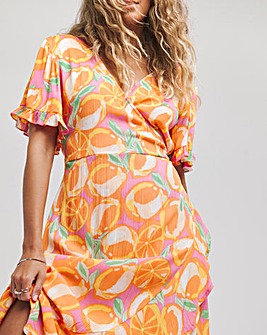 Orange Print Crinkle Wrap Midi Dress