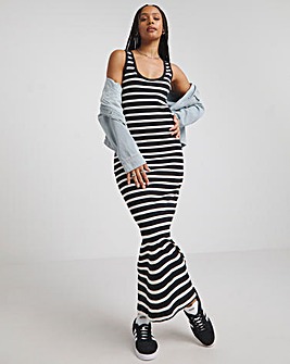 Mono Stripe Ribbed Scoop Neck Maxi Dress