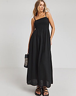 Black Shirred Bandeau Linen Midi Dress