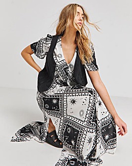 Mono Print Crinkle Button Through Maxi Dress