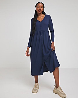 Navy Waffle Button up Midi Dress With Pockets