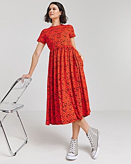 Red Floral Supersoft Jersey Midi Dress With Pockets