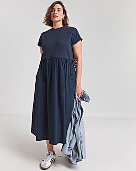 Navy Jersey Poplin Mix Sundress With Pockets