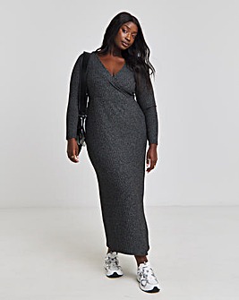 Black Marl Cosy Rib Wrap Maxi Dress