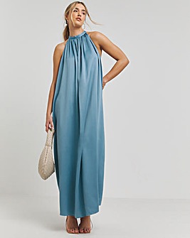 Blue Satin Halter Neck Dress