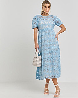 Blue Tiered Lace Midi Dress