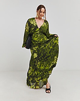 Green Floral Print Georgette Foil Button Up Maxi Dress