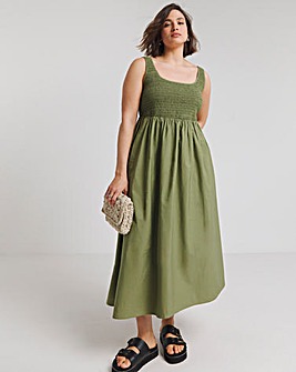 Khaki Shirred Poplin Midi Sundress