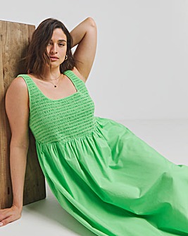 Apple Green Shirred Poplin Midi Sundress