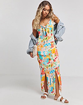 Multi Print Tie Front Maxi Dress