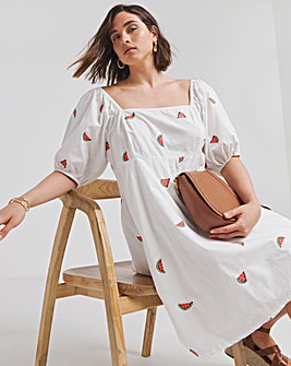 White Poplin Embroidered Fruit Skater Dress