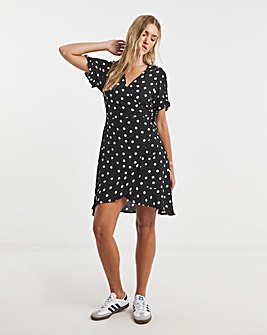 Spot Print Crinkle Wrap Front Skater Dress