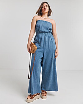 Blue Acid Wash Cotton Jersey Bandeau Jumpsuit