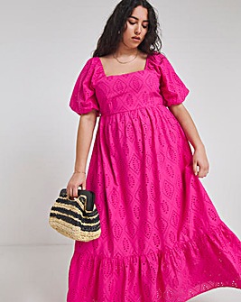 Pink Square Neck Broderie Maxi Dress