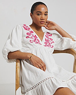 White and Pink Embroidered Smock Dress