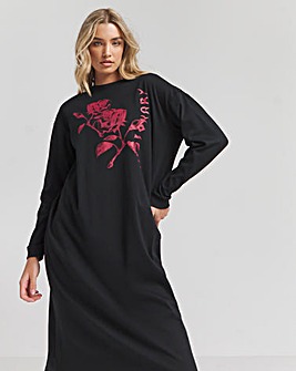 Black Long Sleeve Graphic T-Shirt Midi Dress